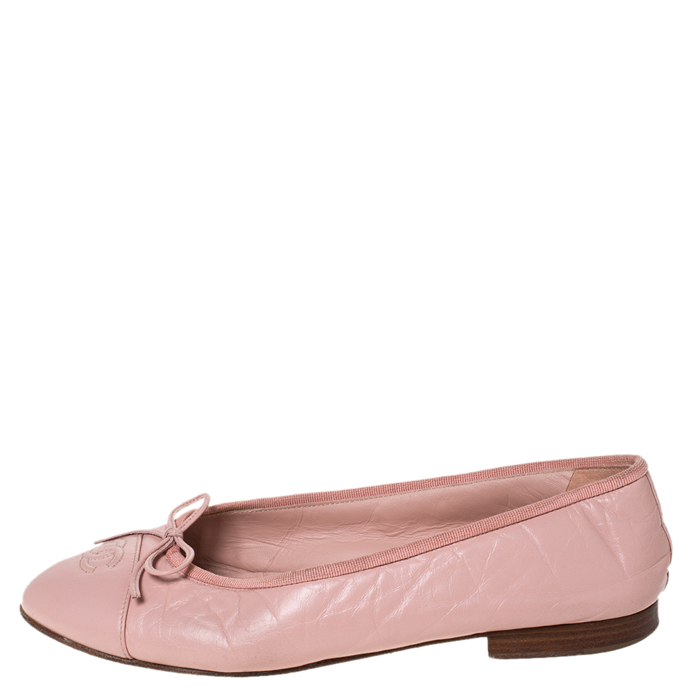 

Chanel Pink Leather And Grosgrain Trim CC Bow Ballet Flats Size