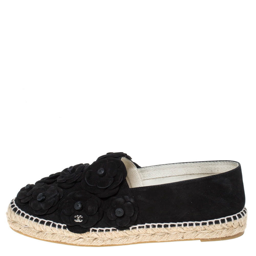 

Chanel Black Suede Leather CC Camellia Flower Espadrilles Flats Size