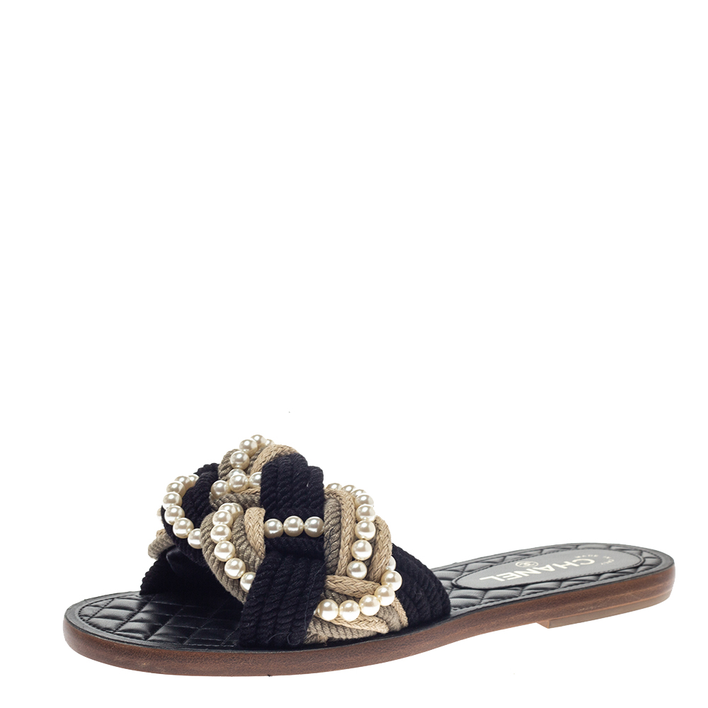 Chanel Two Tone Rope With Faux Pearls Cuba Slide Sandals Size 40 Chanel ...
