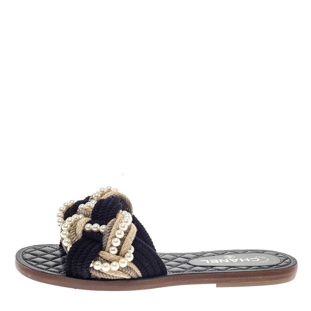 

Chanel Two Tone Rope With Faux Pearls Cuba Slide Sandals Size, Black