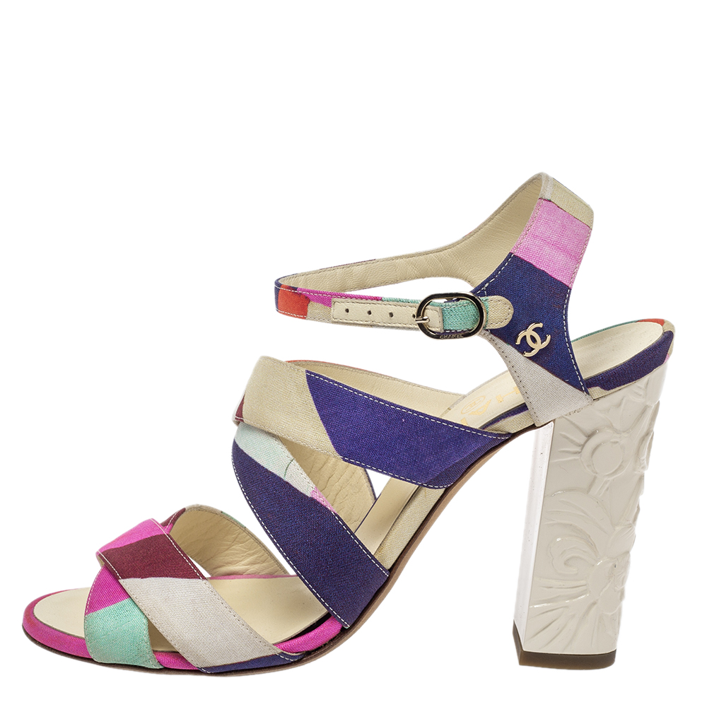 

Chanel Multicolor Fabric Strappy Sculpture Heel Ankle Strap Sandals Size