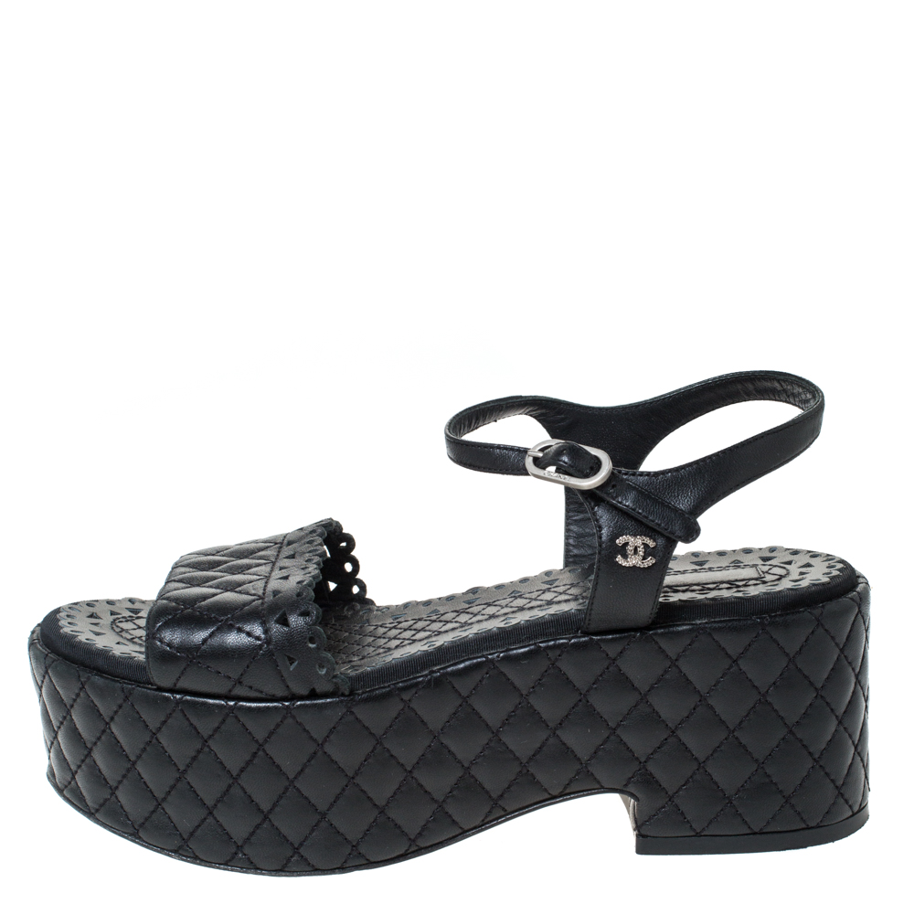 

Chanel Black Quilted Leather CC Ankle Strap Platform Sandals Size