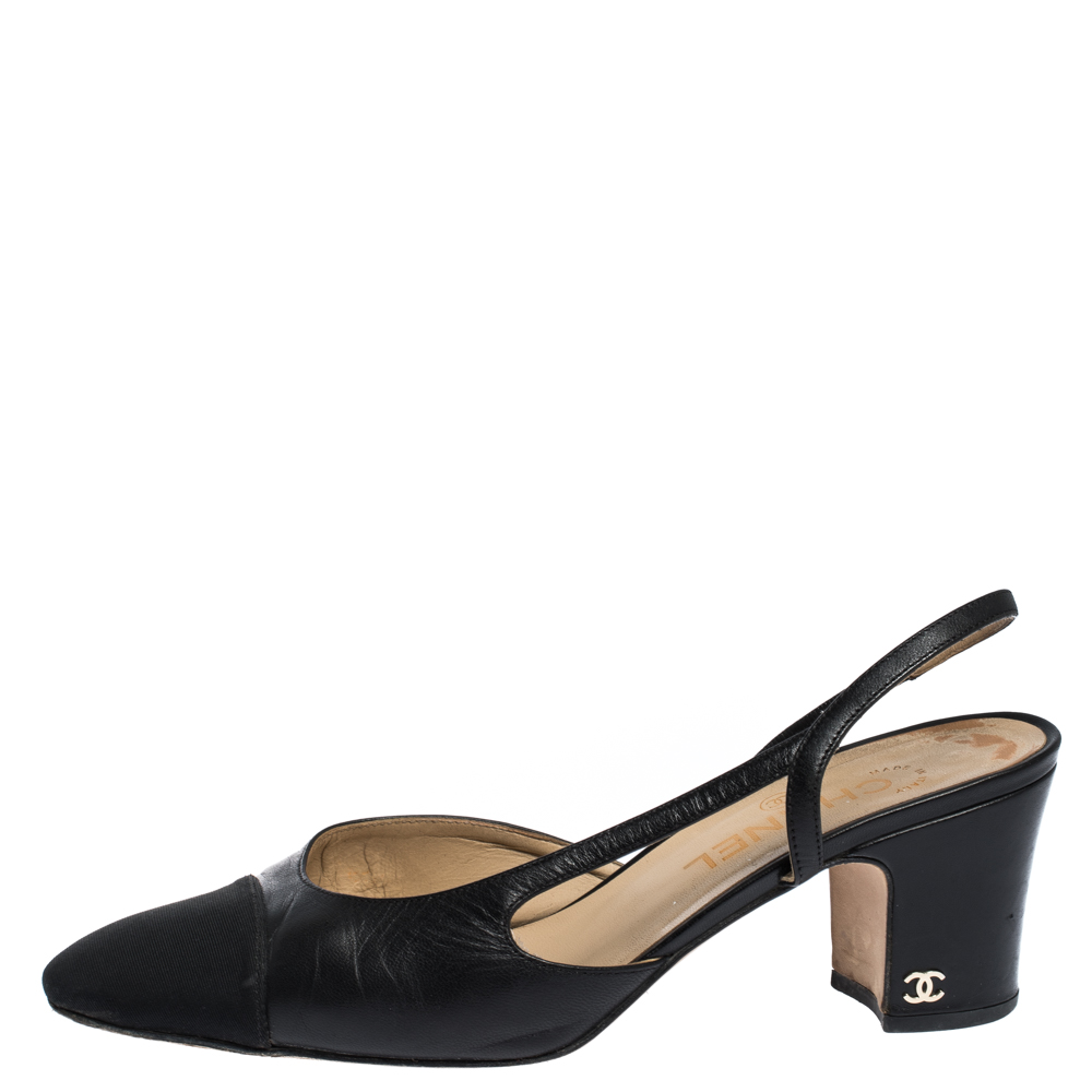 

Chanel Black Leather Block Heel Slingback Sandals Size