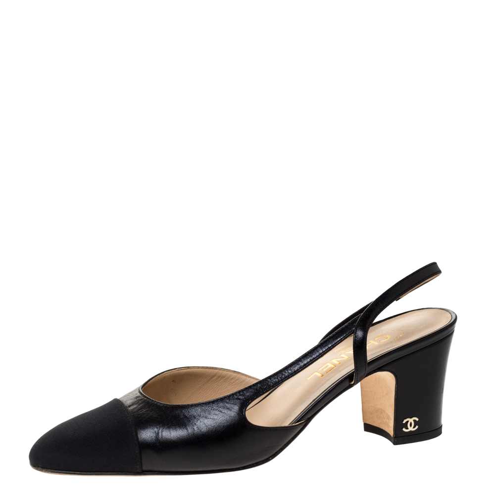 مملوكة مسبقًا Chanel Black Leather And Canvas Cap Toe Slingback Sandals Size 39.5