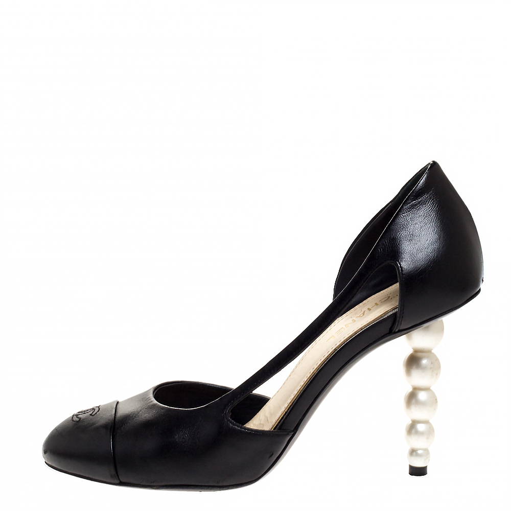 

Chanel Black Leather Faux Pearl Heel Pumps Size