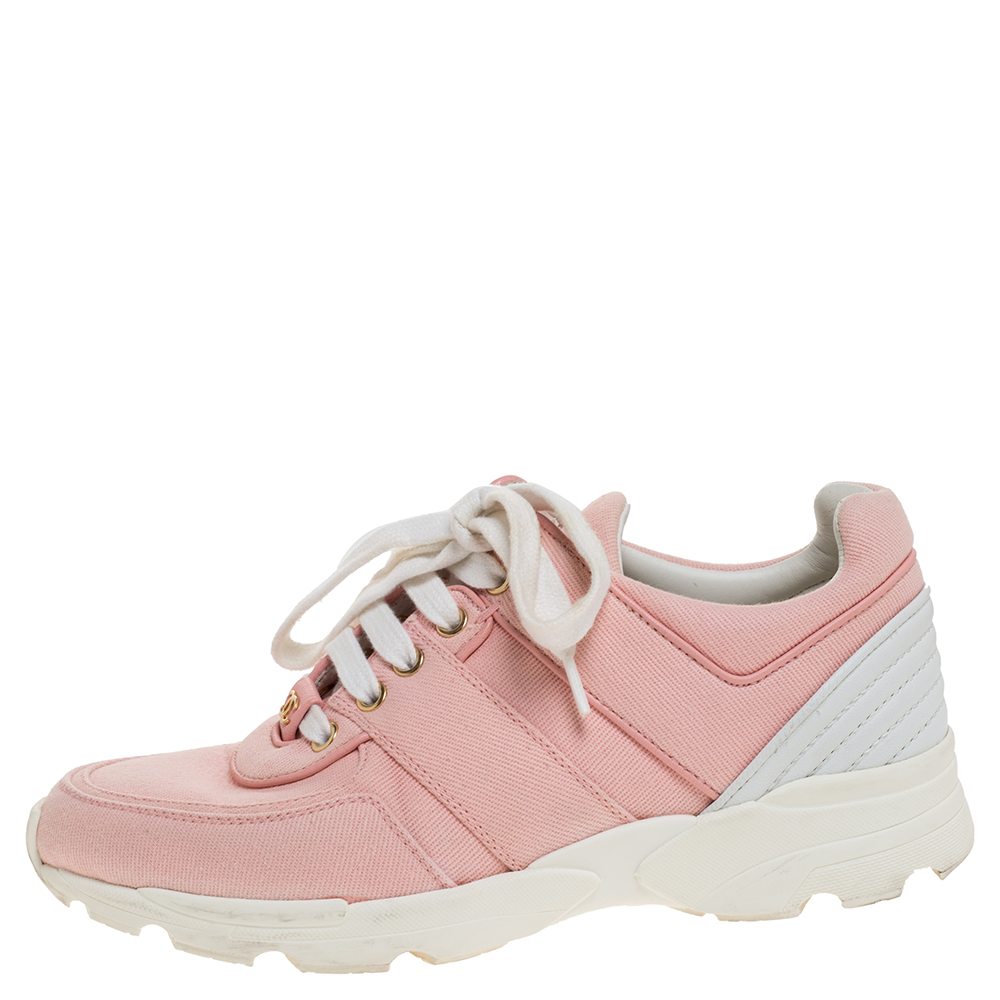 

Chanel Pink Canvas And White Leather CC Lace Up Sneakers Size