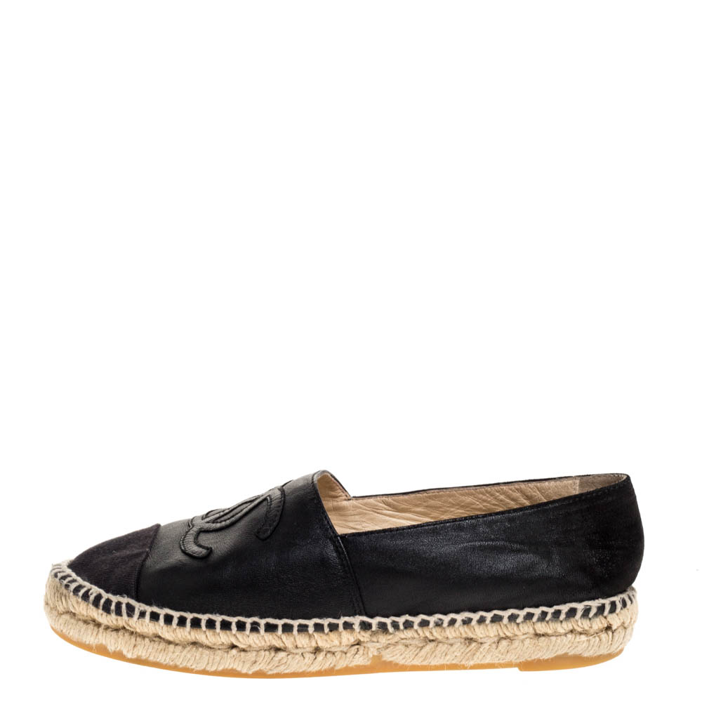 

Chanel Black Leather And Canvas CC Espadrilles Size