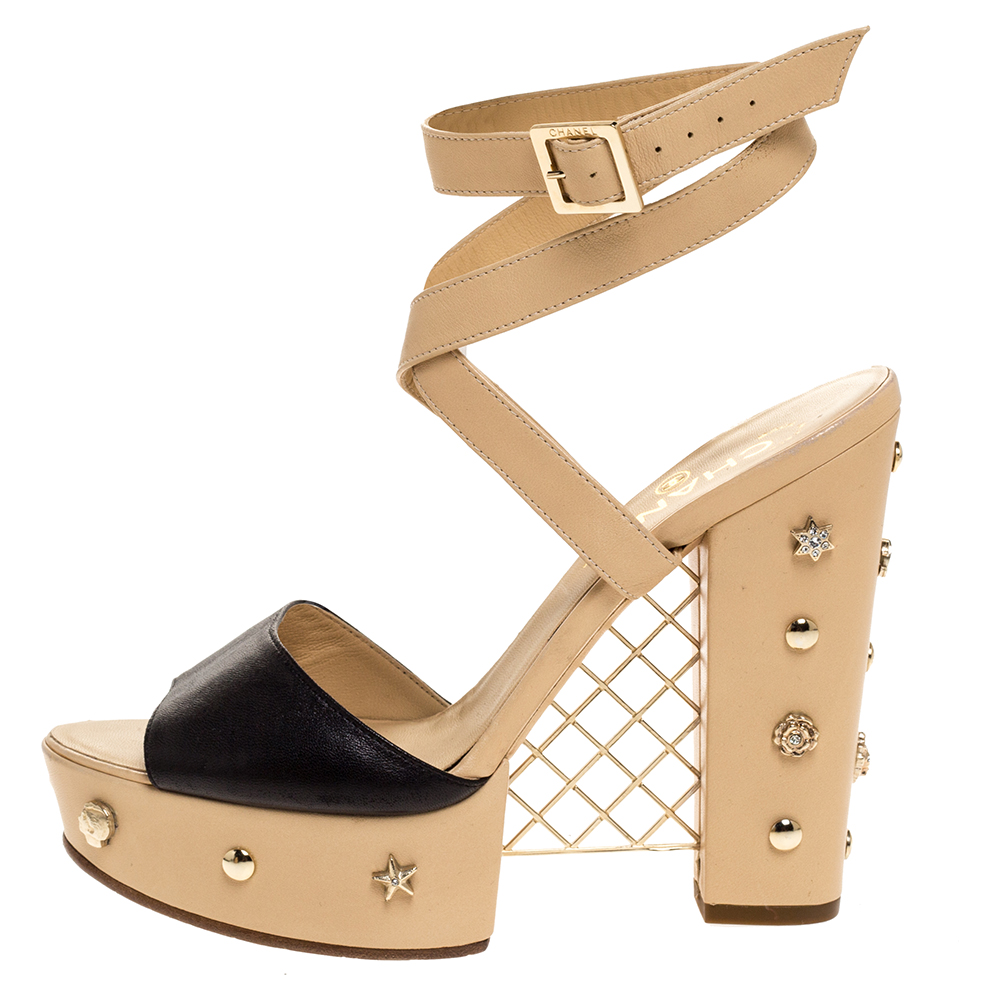 

Chanel Two-Tone Leather Embellished Platform And Block Heel Ankle Wrap Sandals Size, Beige