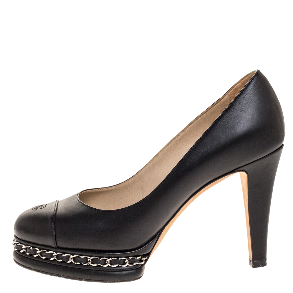 

Chanel Black Leather CC Cap Toe Chain Detail Platform Pumps Size