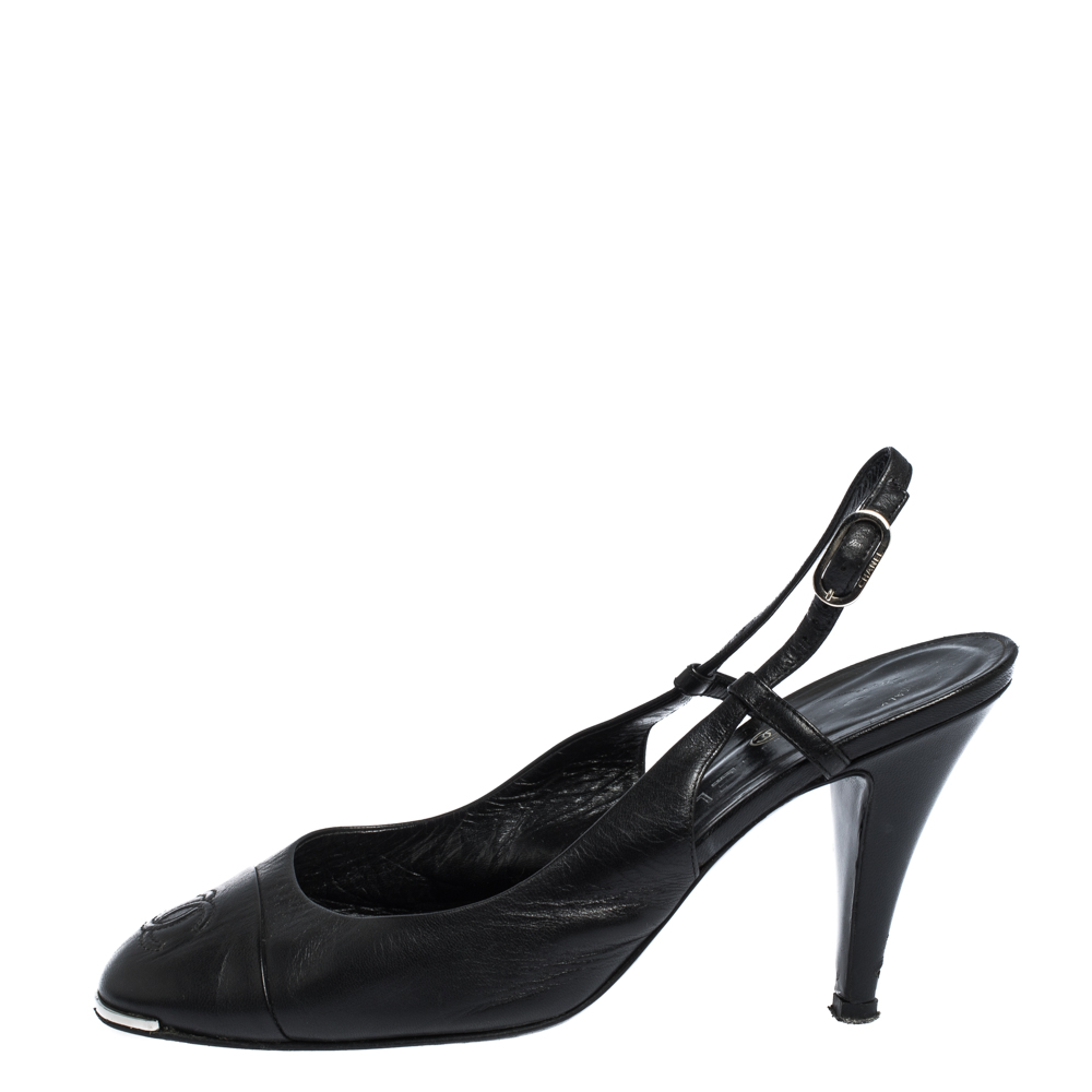 

Chanel Black Leather CC Cap Toe Slingback Sandals Size