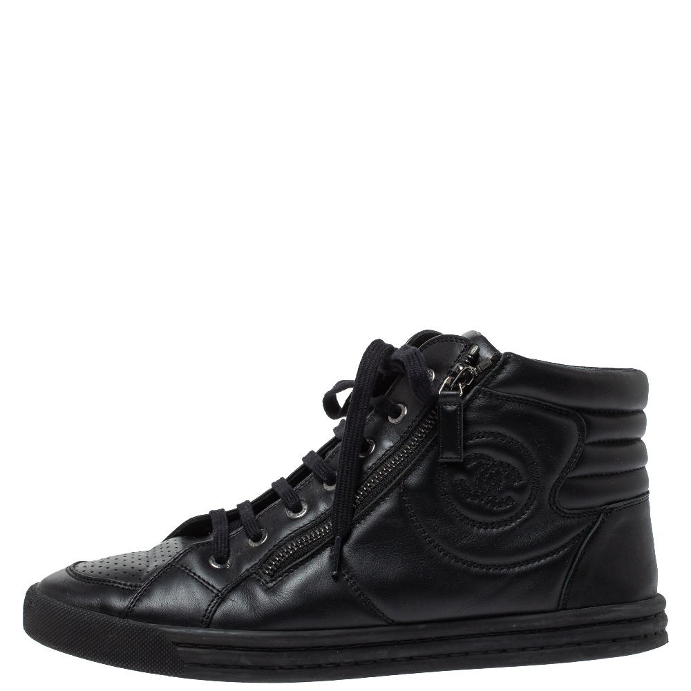 

Chanel Black Leather Double Zip CC High Top Sneakers Size