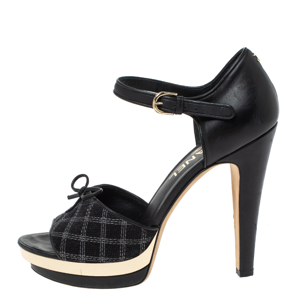 

Chanel Black Leather And Canvas Bow Open Toe Platform Ankle Strap Sandals Size