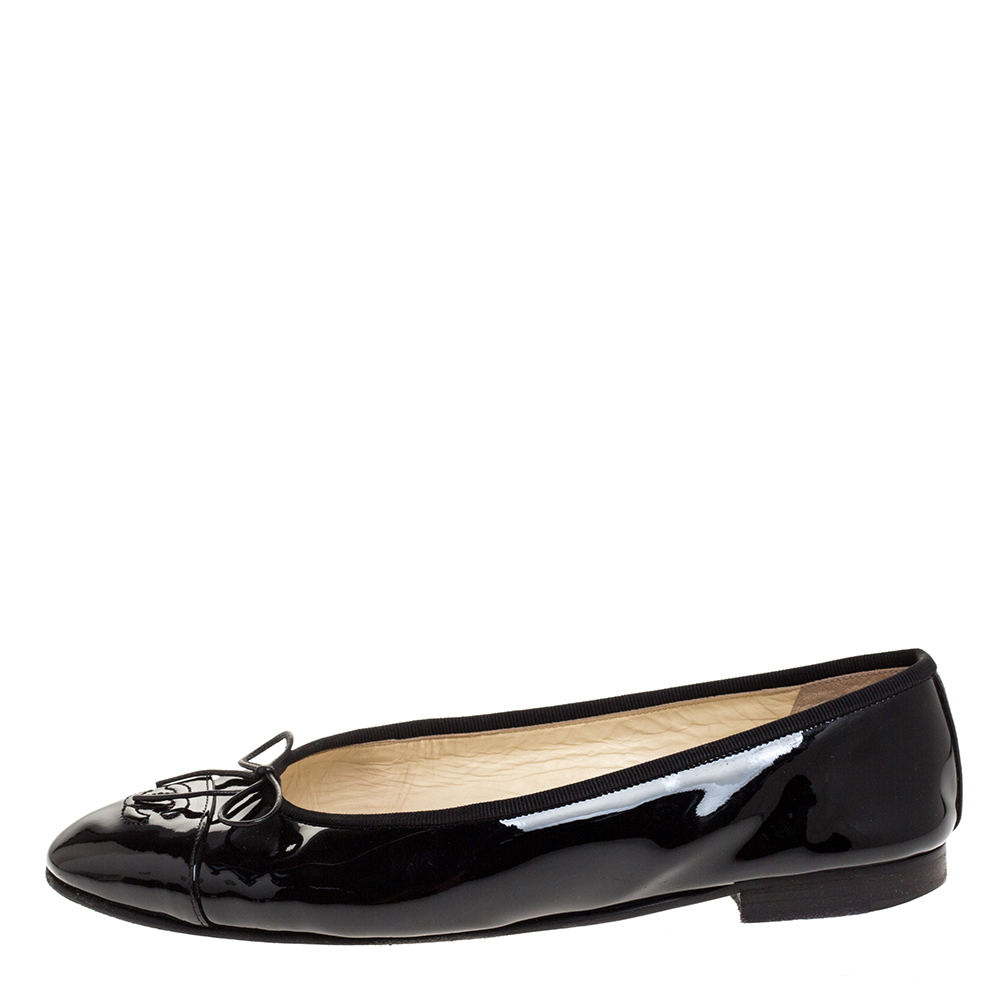 

Chanel Black Patent CC Cap Toe Bow Ballet Flats Size