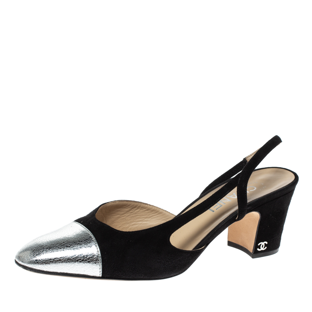 Chanel Black Suede And Metallic Silver Leather Cap Toe Slingback Sandals Size 39.5