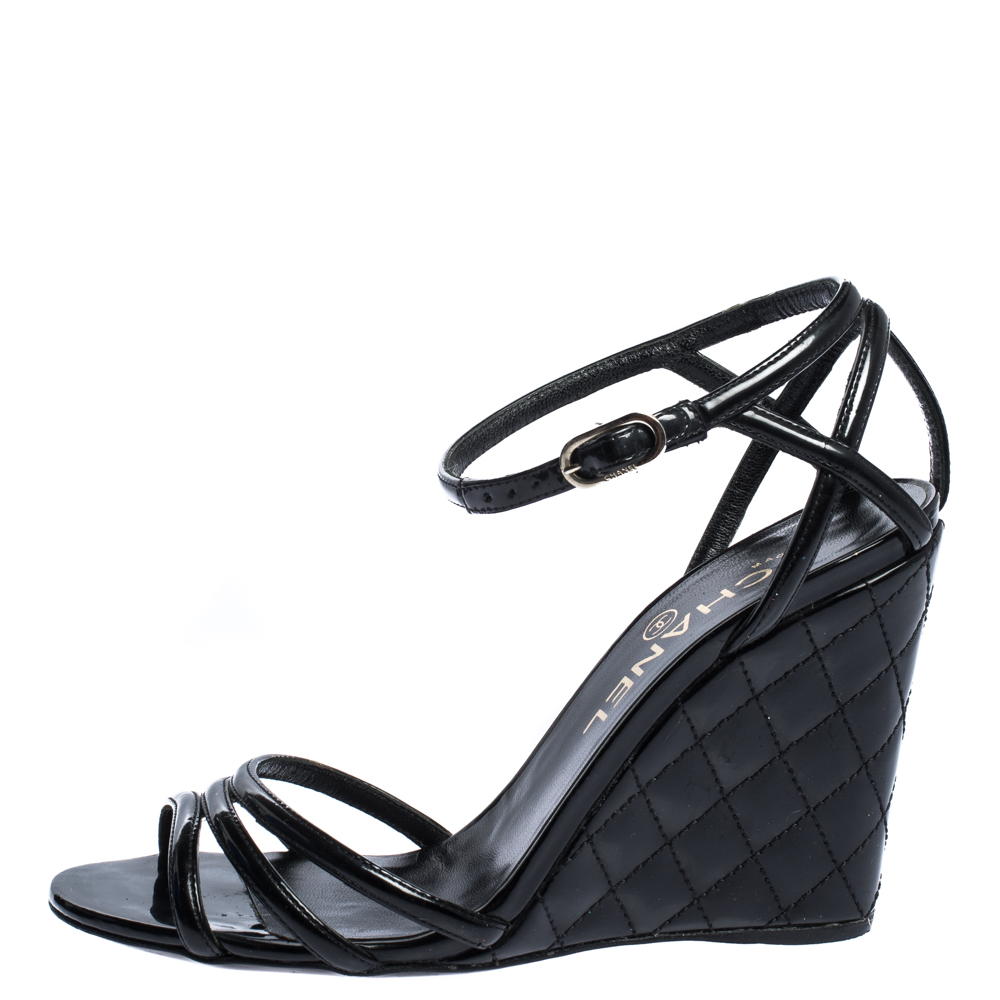 

Chanel Black Patent Leather Ankle Strap Quilted Wedge Open Toe Sandals Size