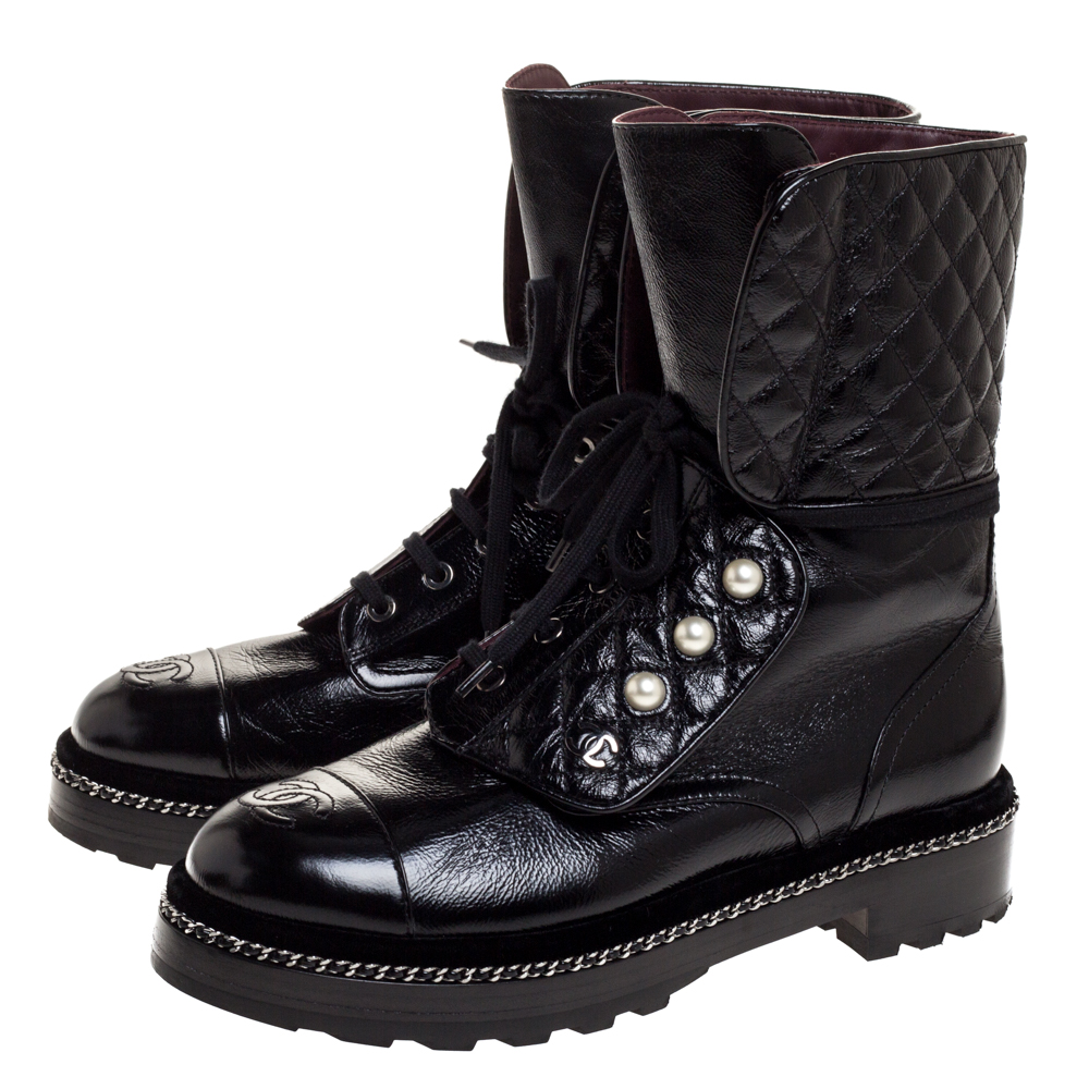 Chanel Black Quilted Patent Leather CC Pearl Combat Boots 39