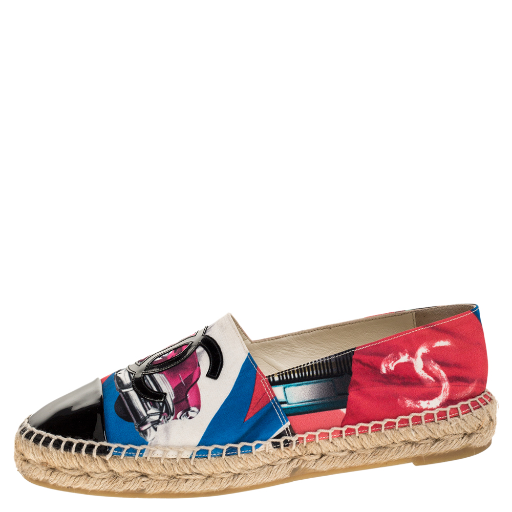 

Chanel Multicolor Print Crepe Cuba Cruise CC Patent Cap Toe Espadrille Flats Size