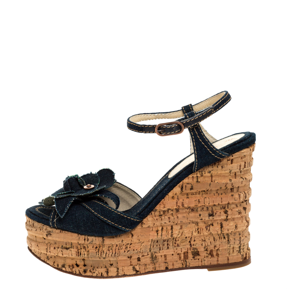 

Chanel Blue Denim Camellia Espadrille Cork Wedge Ankle Strap Sandals Size