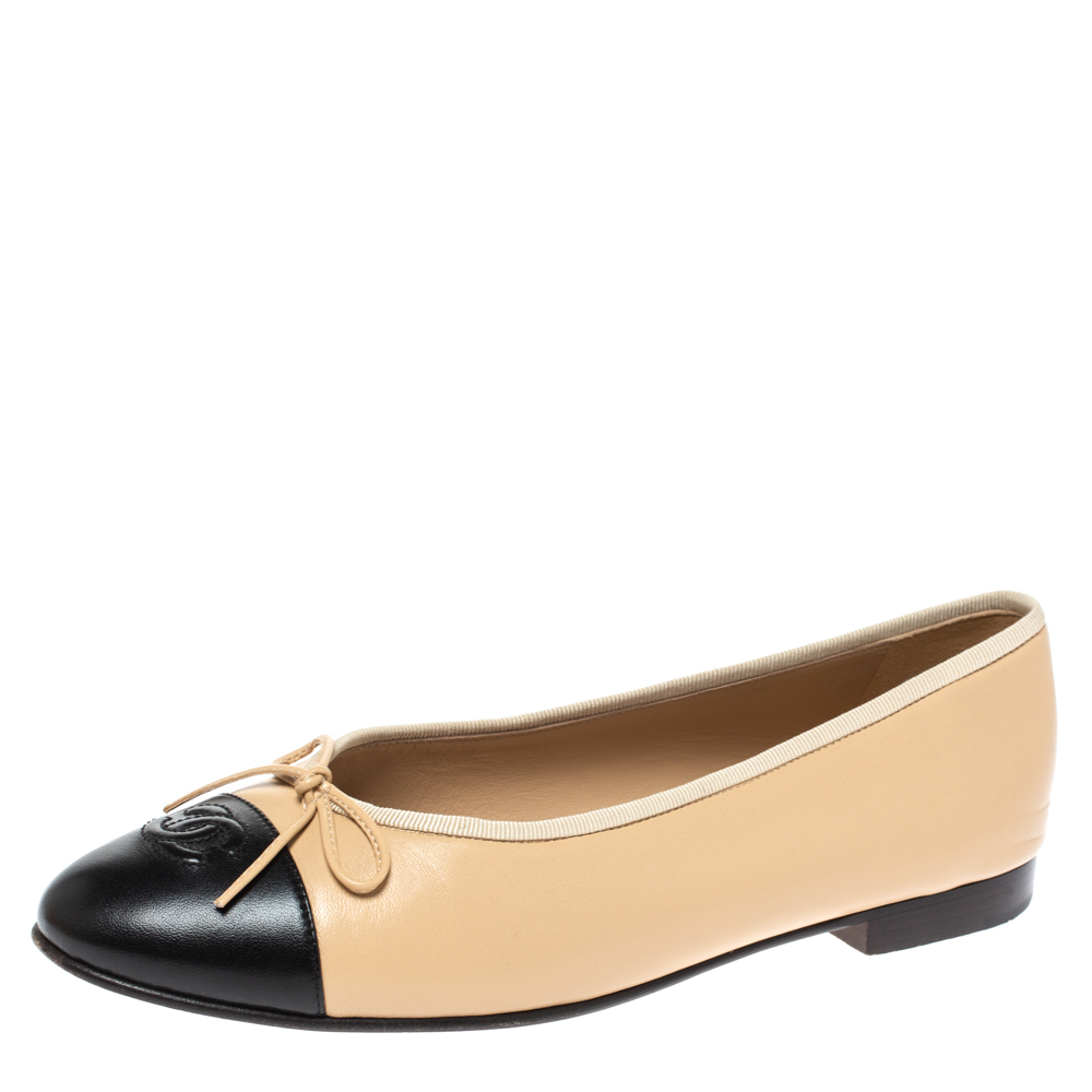 Chanel Beige/Black Leather CC Bow Ballet Flats Size 39.5