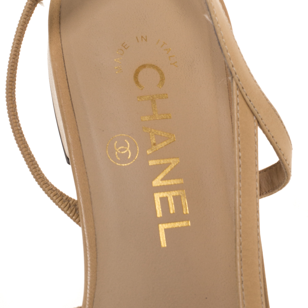 Chanel Beige/Black Leather and Fabric Cap Toe Slingback Flats