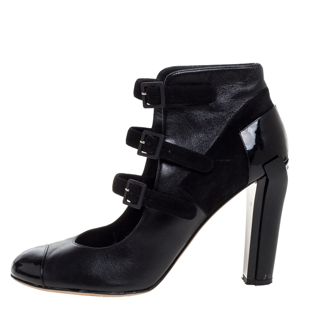 

Chanel Black Leather, Suede And Patent Cap Toe Triple Ankle Strap Booties Size