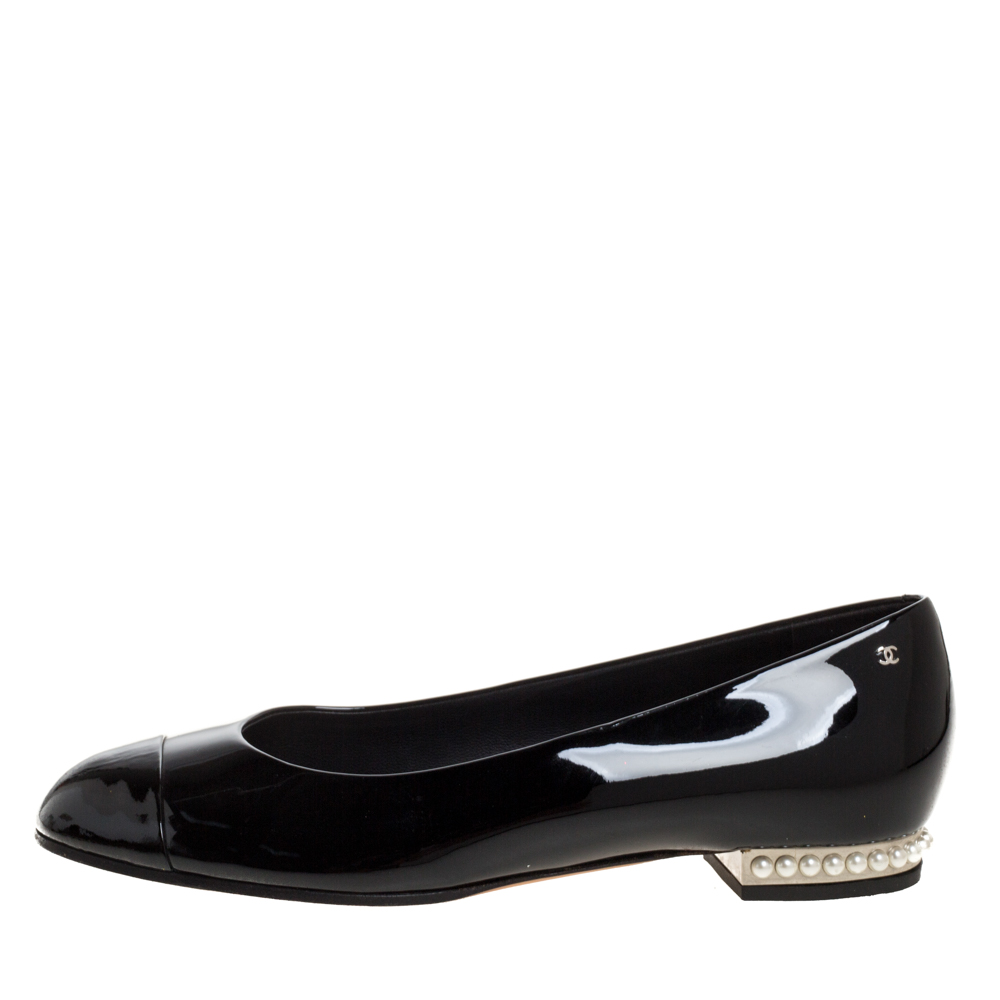 

Chanel Black Patent Leather Cap Toe Pearl Embellished CC Heel Ballet Flats Size
