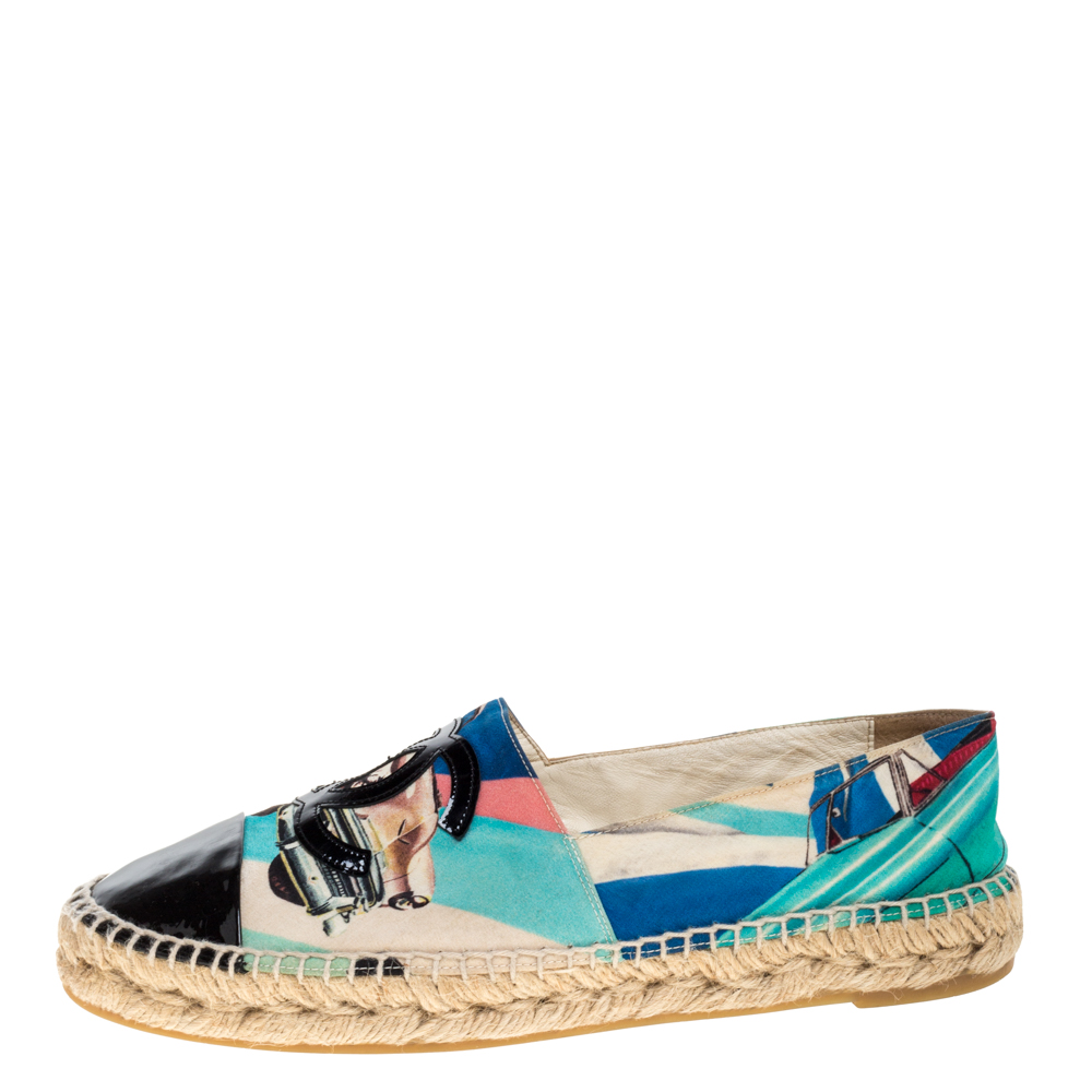 

Chanel Multicolor Car Printed Fabric And Patent Leather CC Cap Toe Espadrilles Size