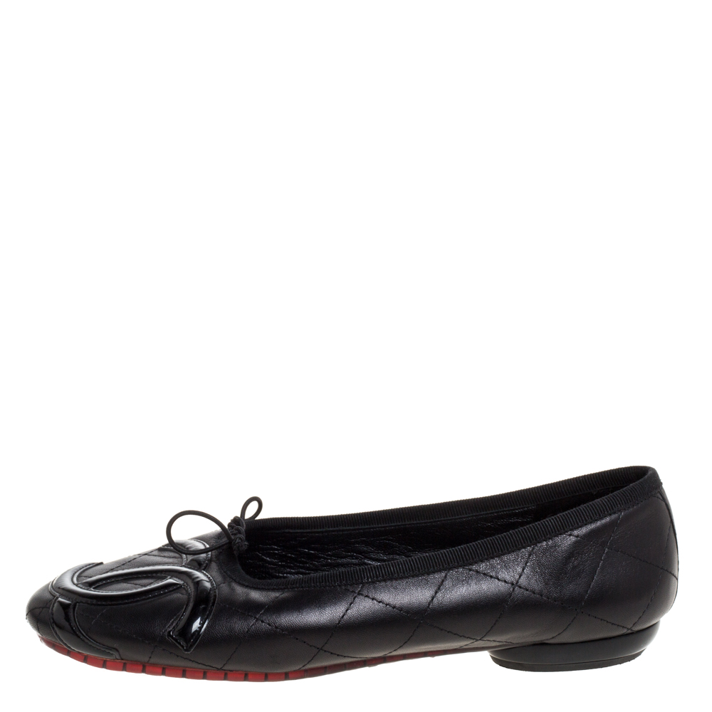 

Chanel Black Leather And Patent CC Cambon Ballet Flats Size