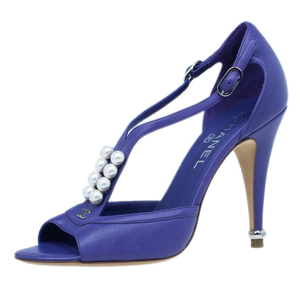 Pre Owned Chanel Violet Leather Pearl Embellished Sandals Size 39