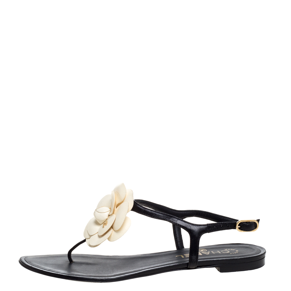 

Chanel Black Leather Camellia Flat Sandals Size