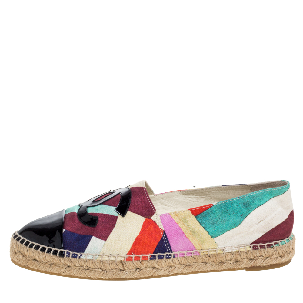 

Chanel Multicolor Print Crepe Cuba Cruise CC Patent Cap Toe Espadrille Flats Size