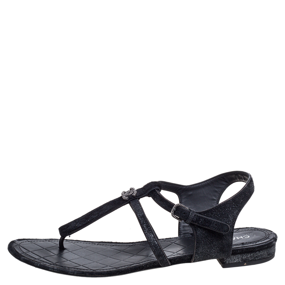 

Chanel Shimmery Black Suede and Calf Hair Thong Ankle Strap Sandals Size