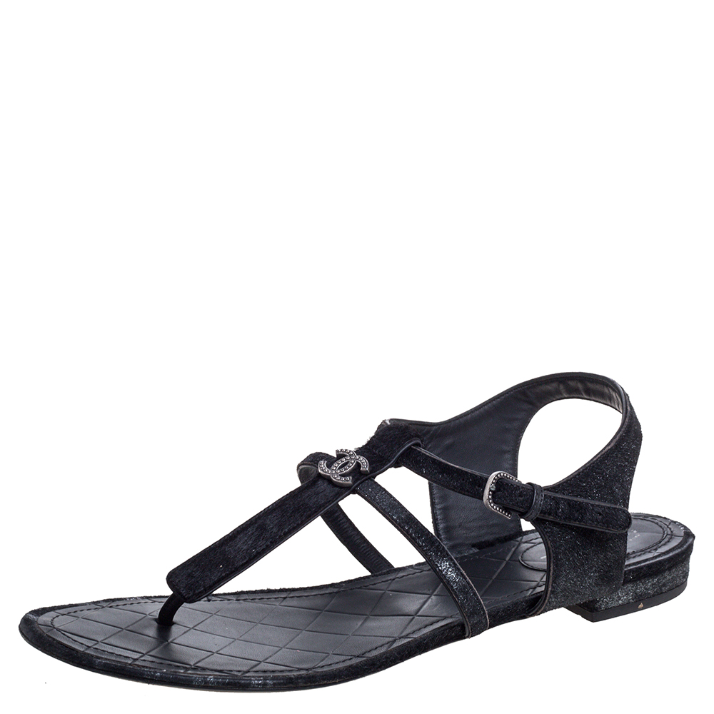 Pre Owned Chanel Shimmery Black Suede and Calf Hair Thong Ankle Strap Sandals Size 42