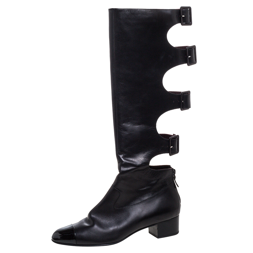 

Chanel Black Leather Cut Out Cap Toe Knee High Boots Size