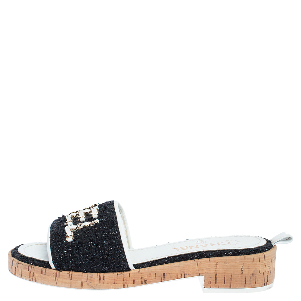 

Chanel Black/White Fabric and Sequin Chain Embellished Cork Slide Sandals Size