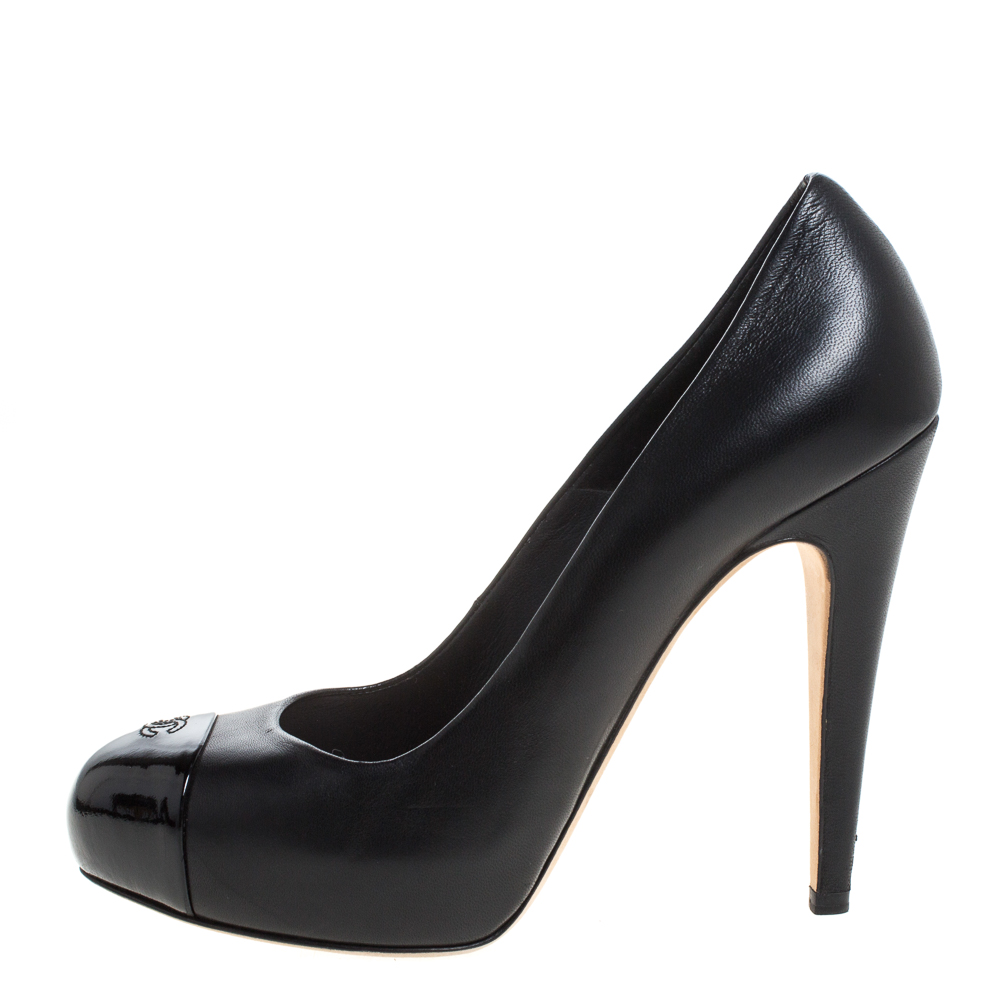 

Chanel Black Leather And Patent Cap Toe CC Platform Pumps Size