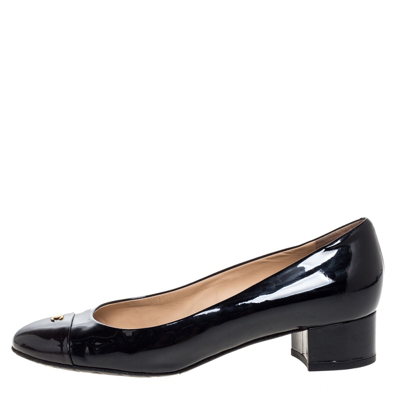 

Chanel Black Patent Leather CC Cap Toe Block Heel Pumps Size