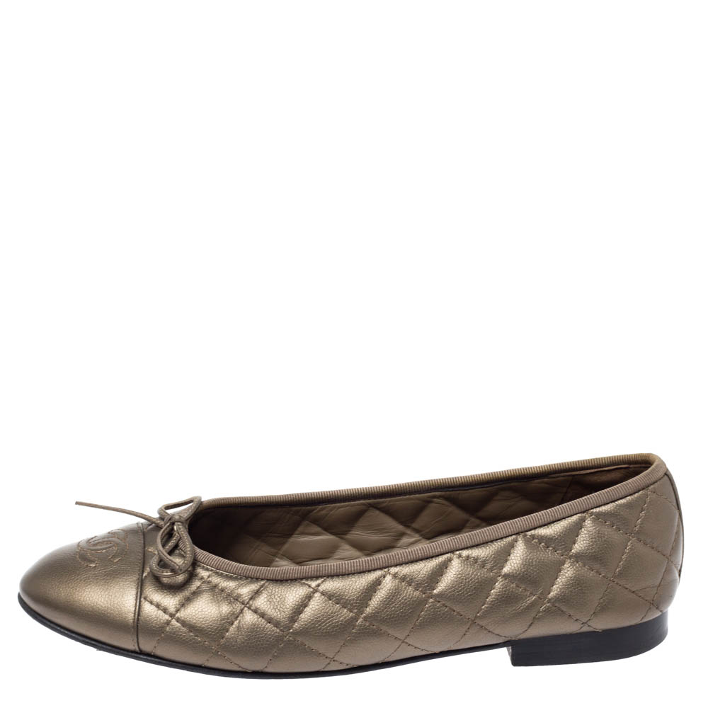 

Chanel Metallic Brown Quilted Leather CC Bow Cap Toe Ballet Flats Size