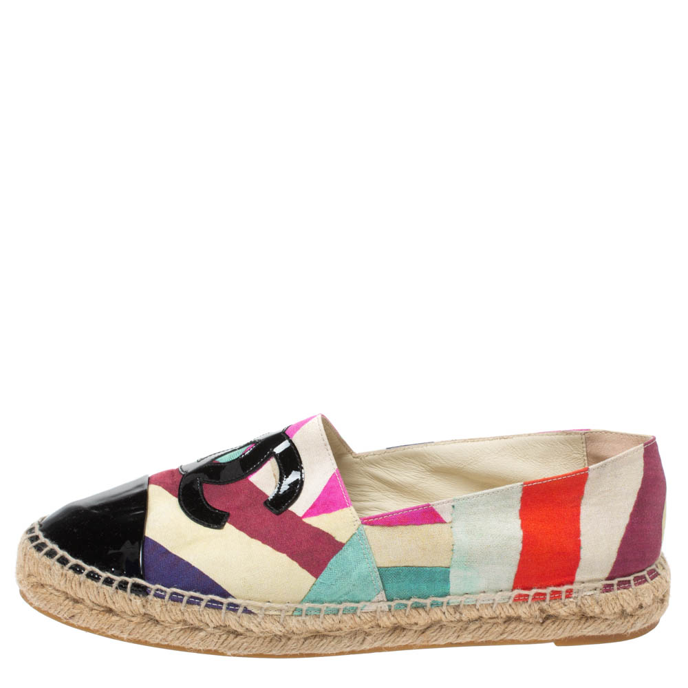 

Chanel Multicolor Print Crepe Cuba Cruise CC Patent Cap Toe Espadrille Flats Size