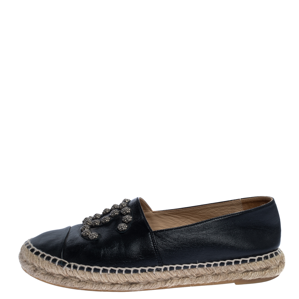 

Chanel Black Leather Camelia Stud Cap Toe Espadrilles Flat Size