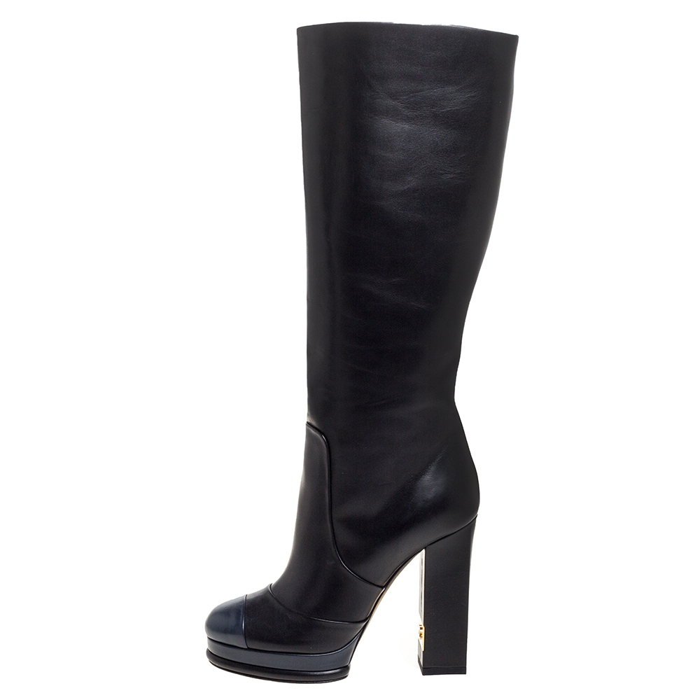 

Chanel Black/Navy Blue Leather CC Knee Cap Toe Length Boots Size