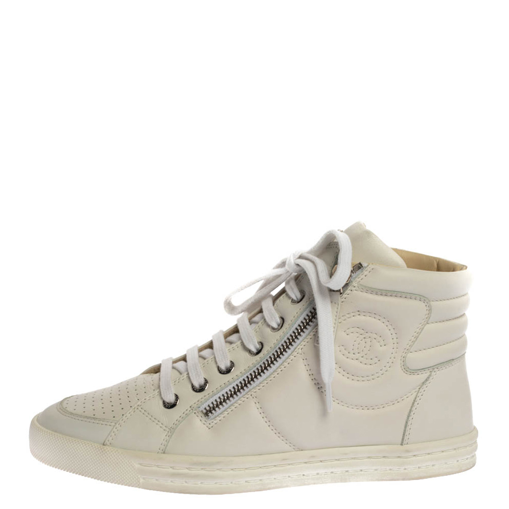 

Chanel White Leather CC High Top Sneakers Size