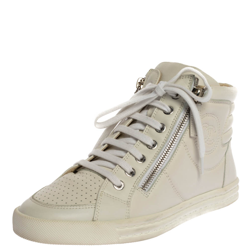 CHANEL WHITE LEATHER CC HIGH TOP SNEAKERS SIZE 36