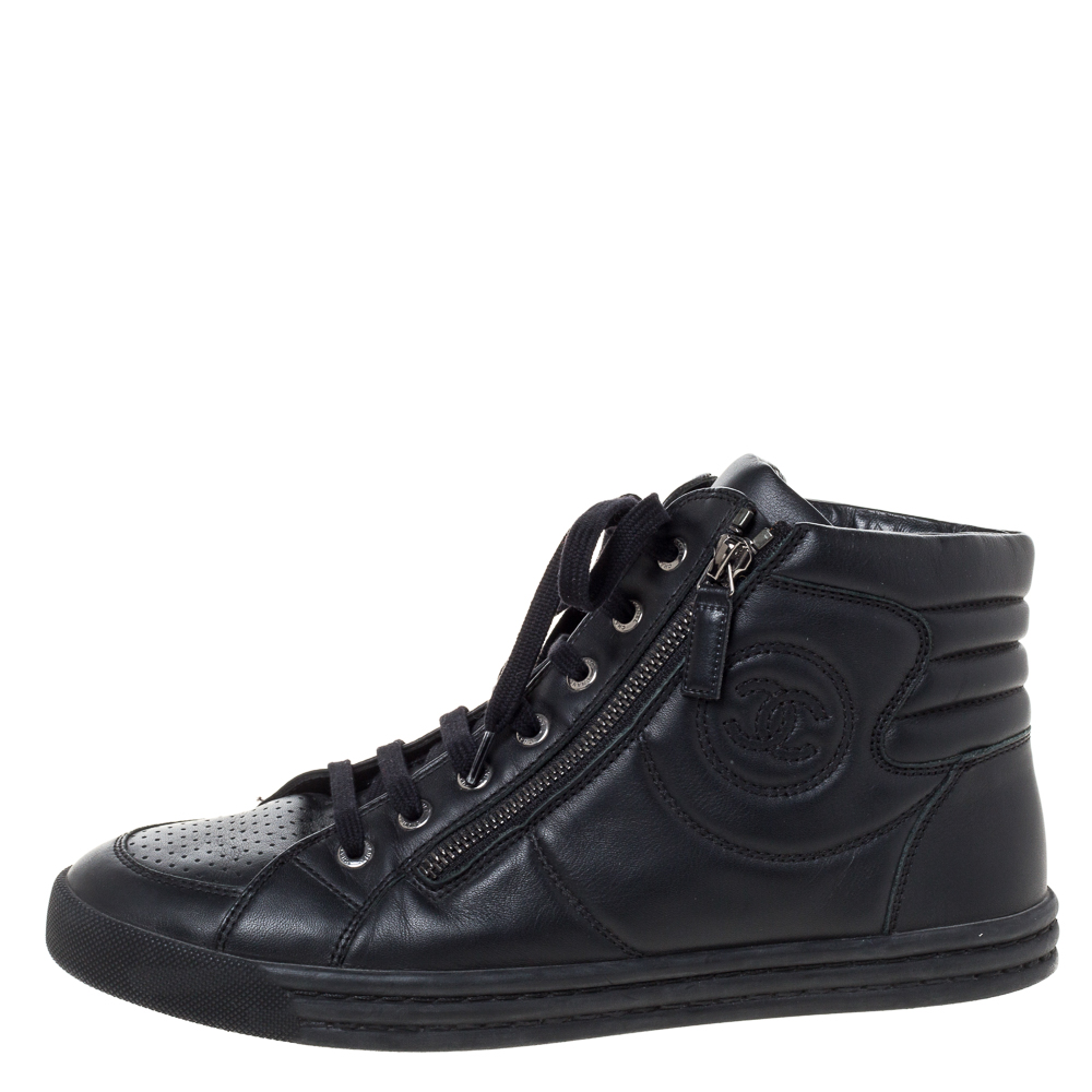 

Chanel Black Leather CC High Top Sneakers Size