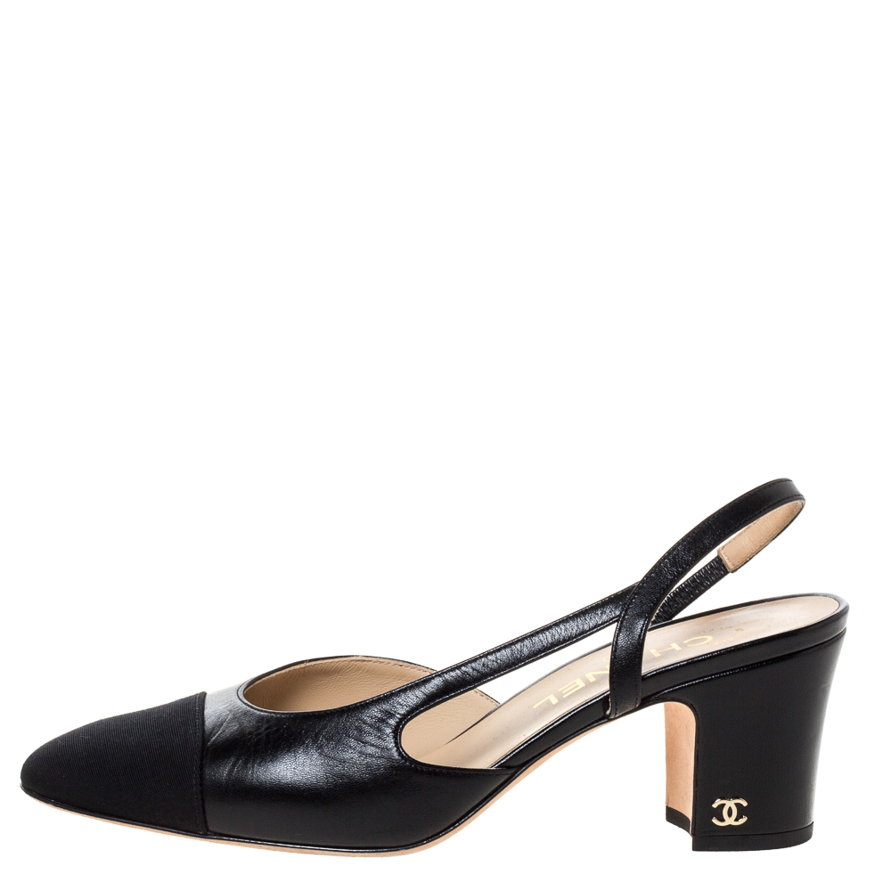 

Chanel Black Leather And Fabric Cap Toe CC Heel Slingback Sandals Size