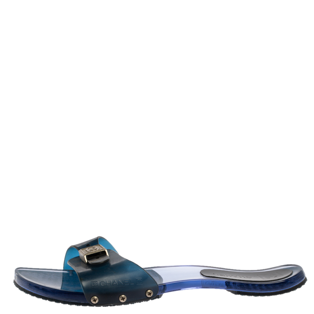 

Chanel Blue Jelly Adjustable CC Buckle PVC Clog Slides Size