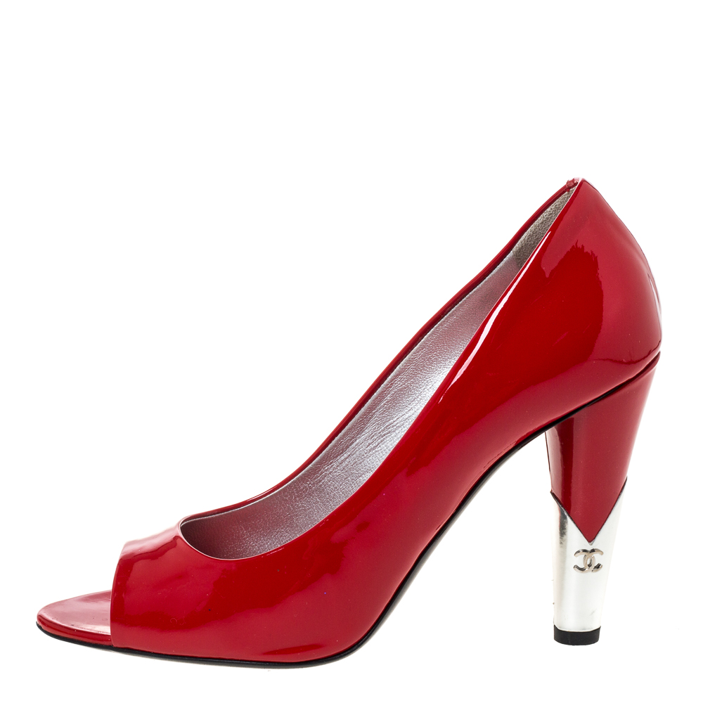 

Chanel Red Patent Leather CC Heel Peep Toe Pumps Size