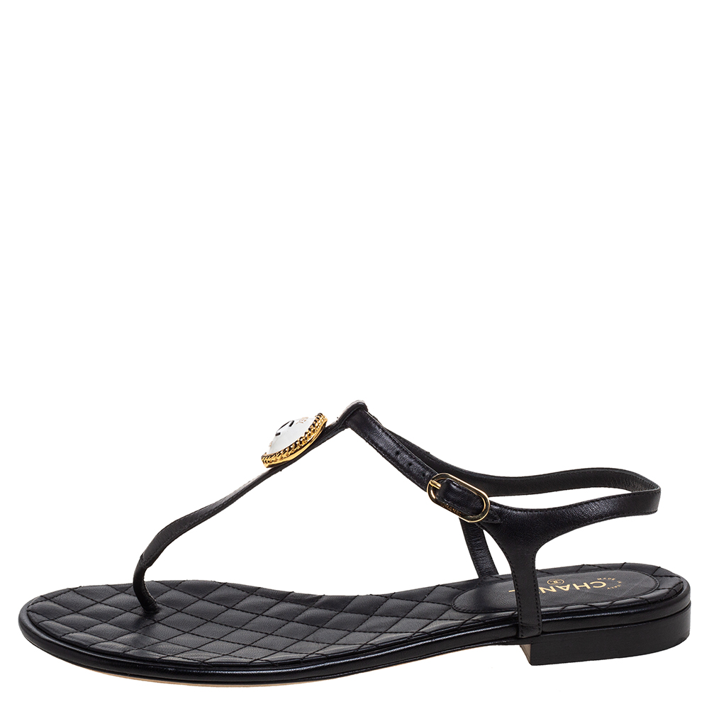 

Chanel Black Leather CC Thong Flat Sandals Size