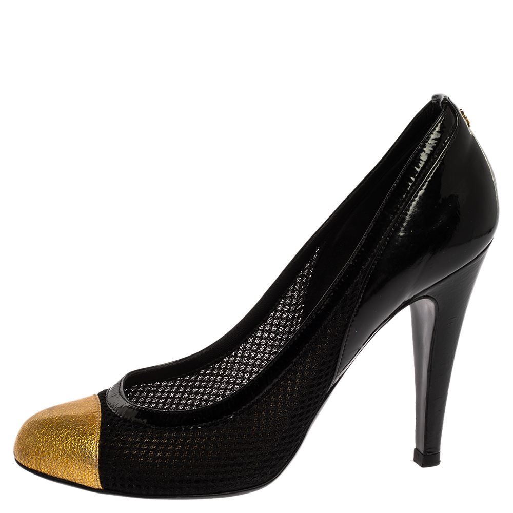 

Chanel Black/Gold Patent Leather and Mesh Cap Toe Pumps Size