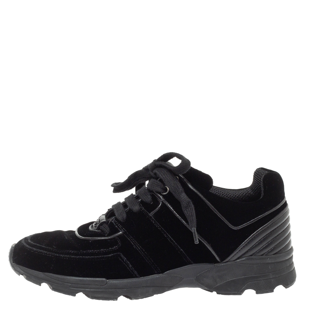 

Chanel Black Velvet CC Logo Lace Up Sneakers Size
